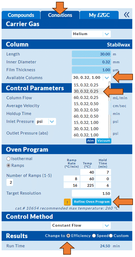 Column selection for USP <467> using Pro<em>EZ</em>GC - ProEZGC conditions tab with default options