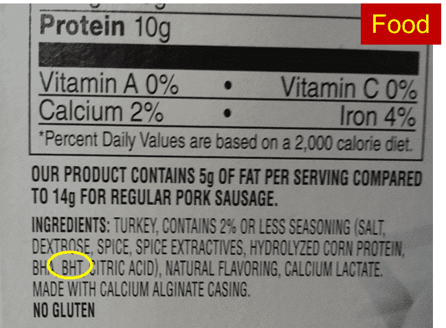 Food label showing BHT as an ingredient