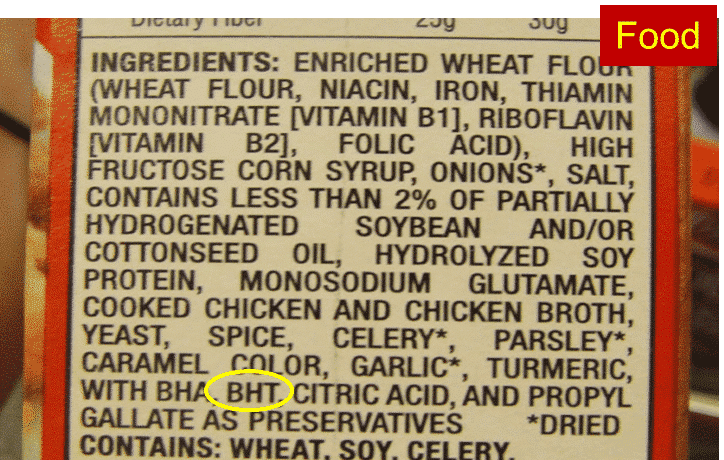 Another food label showing BHT as an ingredient