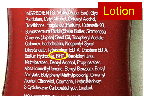Lotion label showing BHT as an ingredient