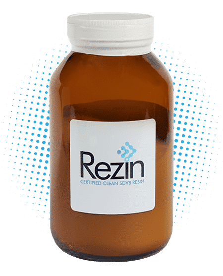 A bottle of Rezin Certified Clean SDVB Resin.