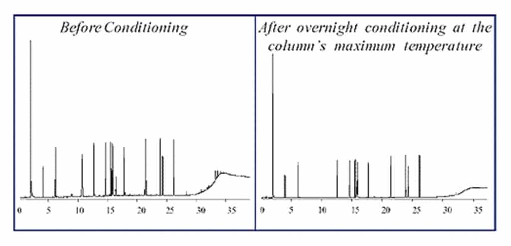 peak shapes shown both before conditioning and after overnight conditioning at the column's maximum temperature