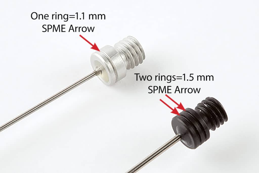 How do I tell the difference between 1.1 mm and 1.5 mm diameter SPME Arrows? - 1.1mm and 1.5mm SPME arrows with the rings pointed to