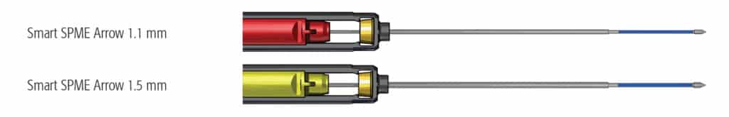How do I tell the difference between 1.1 mm and 1.5 mm diameter SPME Arrows? - diagram of 1.1mm and 1.5mm Smart SPME arrows