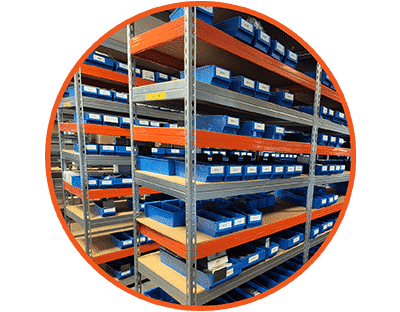 Stocked shelves of the European Distribution Center.