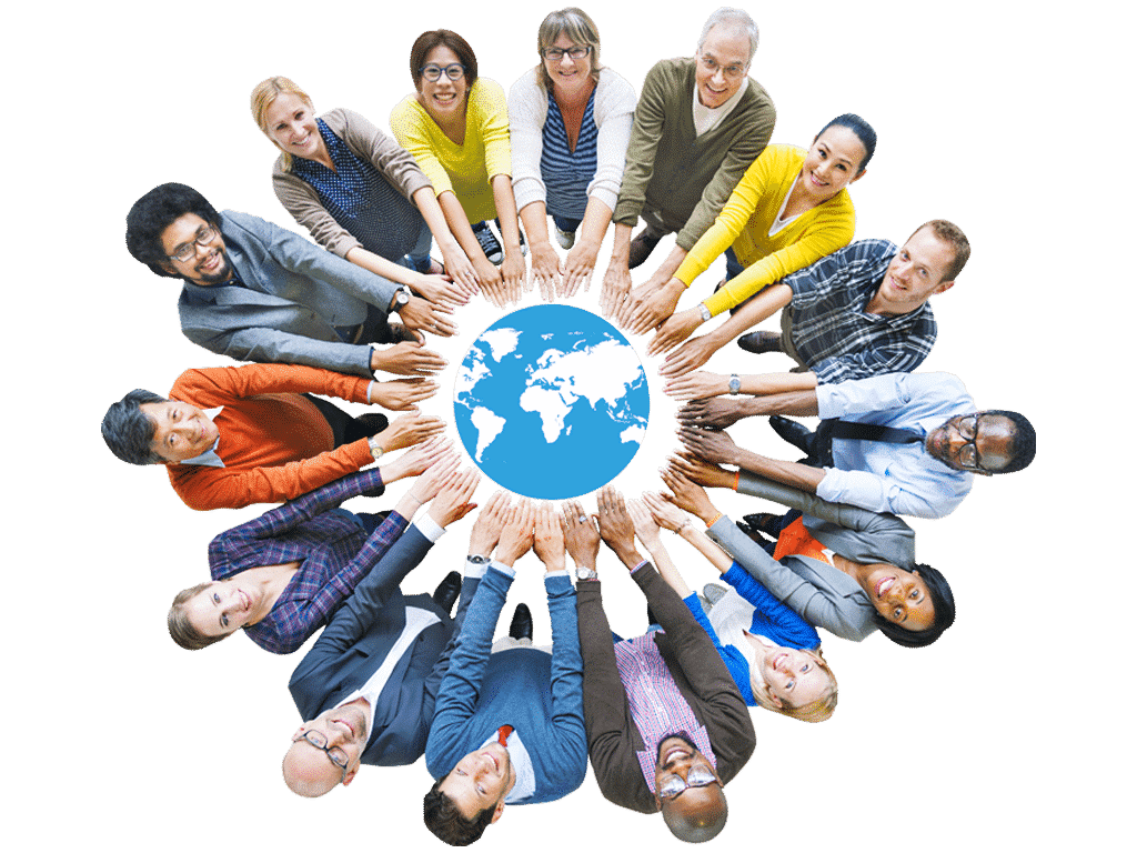 A group of happy employees celebrating around an image of Earth.