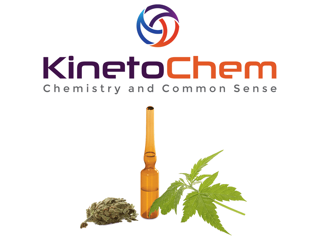 The KinetoChem logo alongside a reference standard ampul, some hemp, and a cannabis leaf.
